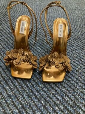 Steve Madden Bronze Floral Embellished Ankle-Strap Heels
